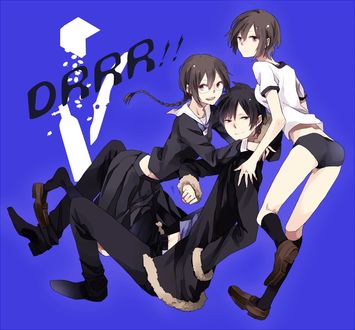 Обои на рабочий стол Orihara Izaya / Орихара Изая, Orihara Kururi / Орихара Курури и Orihara Mairu / Орихара Майру из аниме Durarara / DRRR! /Дюрарара / Всадник без головы, art by roserose-kiri