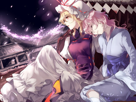 Обои на рабочий стол Yakumo Yukari / Якумо Юкари и Saigyouji Yuyuko / Сайгеджи Ююко из серии компьютерных игр Touhou Project / Проект Восток / Тохо, art by HUG (yourhug)