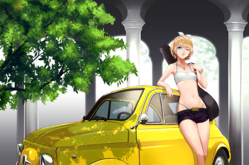 Обои на рабочий стол Vocaloid Kagamine Rin / Вокалоид Кагамине Рин с гитарой за спиной стоит у желтой машины, art by DIN Raiden