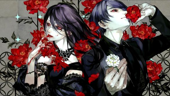 Обои на рабочий стол Rize Kamishiro / Ризэ Камиширо и Цукияма Шу / Tsukiyama Shuu из аниме Tokyo Ghoul / Токийский Гуль
