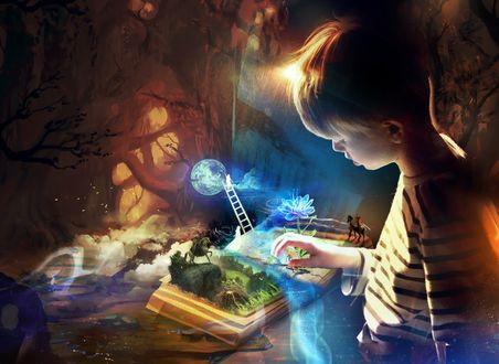 Обои на рабочий стол Ребенок возле оживающей книги