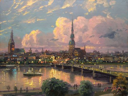 Обои на рабочий стол Закат над Ригой, художник Томас Кинкейд / Sunset Over Riga, Latvia, Thomas Kinkade
