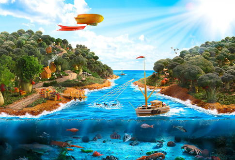 Обои на рабочий стол Коллаж состоящий из морского залива с рыбацкими баркасами, ловящими рыбу со дна, каменистыми берегами с растущими на них деревьями, небольшими домиками между деревьев, летящим в небе дирижаблем и палящих солнечных лучей