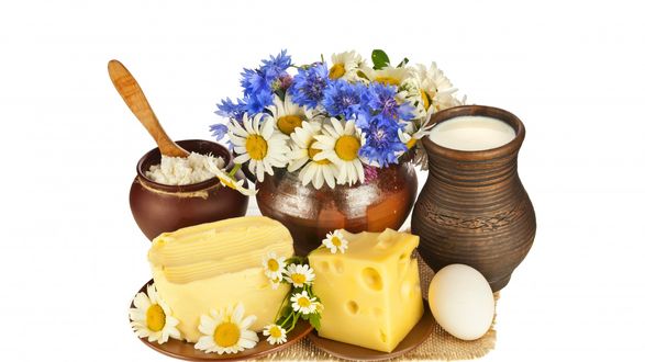 Обои на рабочий стол Сыр с кувшином молока и цветами