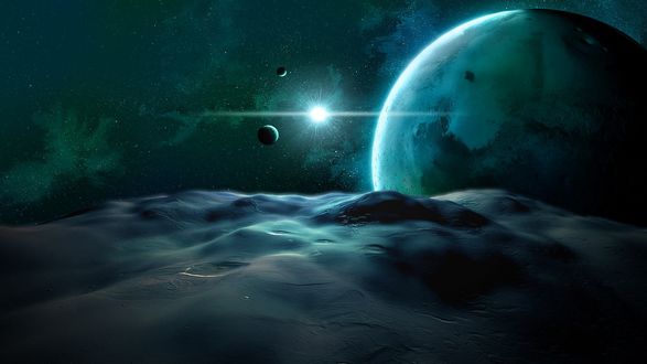 Обои на рабочий стол Планета, взошедшая в ночном небе над скалистой местностью