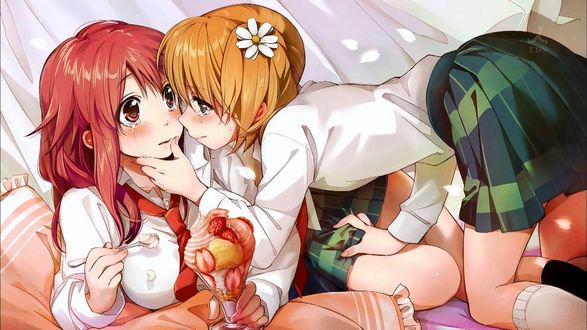 Обои на рабочий стол Sonoda Yuu / Сонода Юи и Takayama Haruka / Такаяма Харука из аниме Sakura Trick / Проделки Сакуры, art by Kawai Makoto