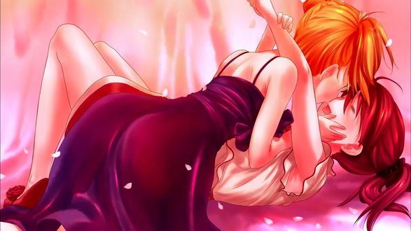 Обои на рабочий стол Sonoda Yuu / Сонода Юи и Takayama Haruka / Такаяма Харука из аниме Sakura Trick / Проделки Сакуры, art by Kurogane Ken