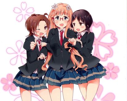 Обои на рабочий стол Iizuka Yuzu / Иизука Юзу, Ikeno Kaede / Икено Каеде Sonoda Mitsuki / Сонода Митсуки из аниме Sakura Trick / Проделки Сакуры