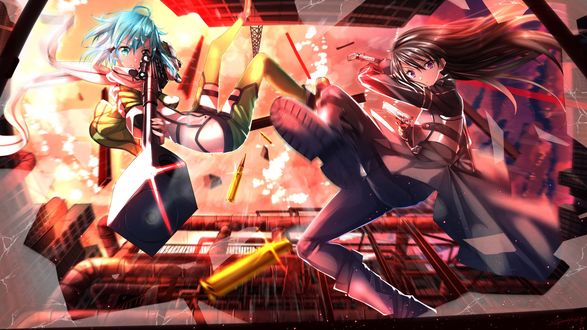 Обои на рабочий стол Asada Shino / Sinon (GGO)/Асада Шино / Синон и Kirigaya Kazuto / Kirito / Киригая Казуто / Кирито из аниме Sword Art Online / Мастера Меча Онлайн
