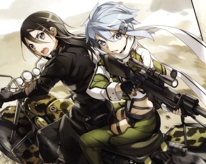 Обои на рабочий стол Asada Shino / Sinon (GGO)/Асада Шино / Синон и Kirigaya Kazuto / Kirito / Киригая Казуто / Кирито из аниме Sword Art Online / Мастера Меча Онлайн