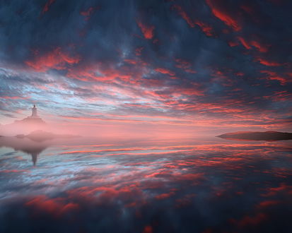 Обои на рабочий стол Маяк, стоящий на вершине скалы на фоне вечернего небосклона с перистыми, цветными облаками, отражающимися в морской пучине, автор Вадим Трунов