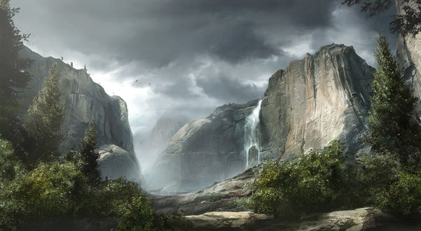Обои на рабочий стол Водопад в горах, art by tiger1313
