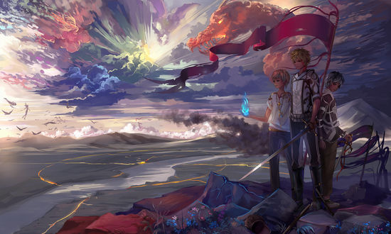 Обои на рабочий стол Трое парней стоят рядом, art by Hangmoon