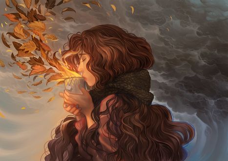 Обои на рабочий стол Вылетающие из кружки в руках девушки осенние листья, art by viki-vaki