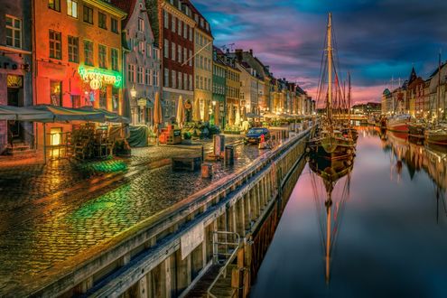 Обои на рабочий стол Ночной город Копенгаген, Дания / Copenhagen, Denmark