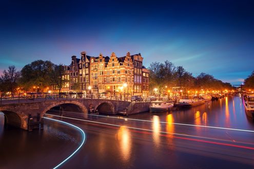 Обои на рабочий стол Ночной город Амстердам, Голландия / Amsterdam, The Netherlands