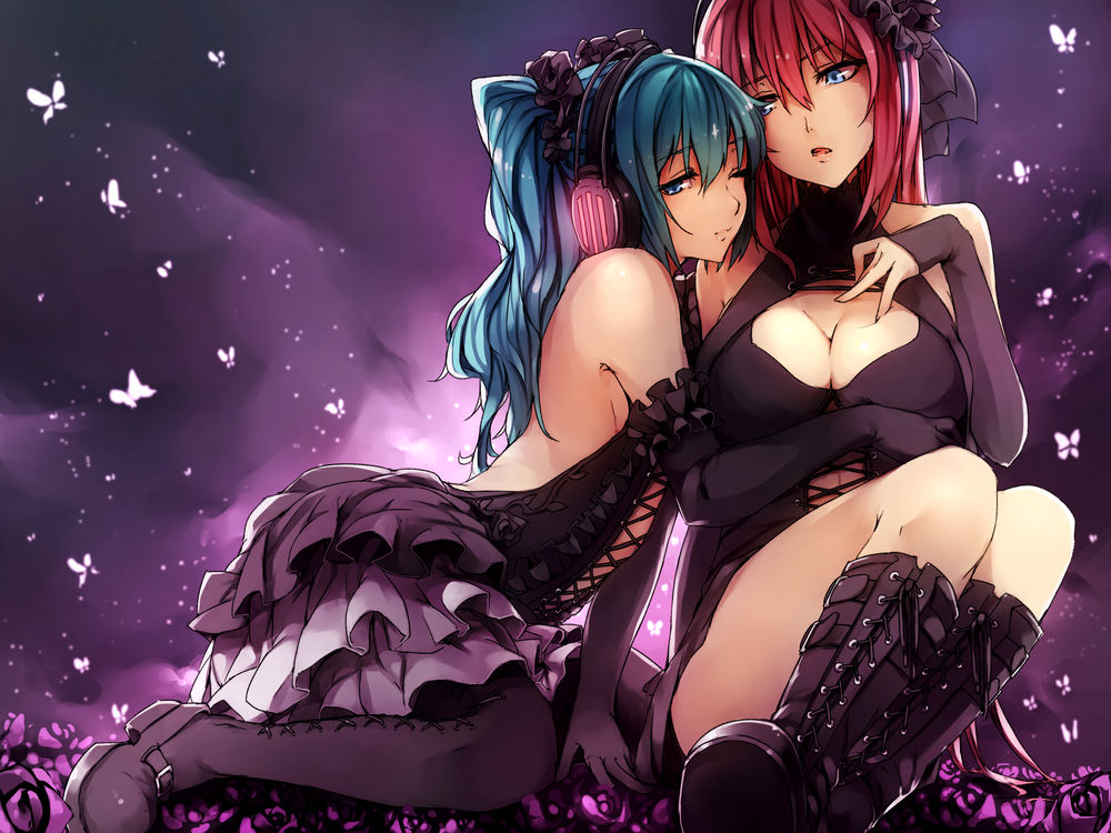 Обои для рабочего стола Vocaloid Hatsune Miku / Вокалоид Хатцуне Мику и Vocaloid Megurine Luka / Вокалоид Мегурине Лука, art by Kyouya (Mukuro238)