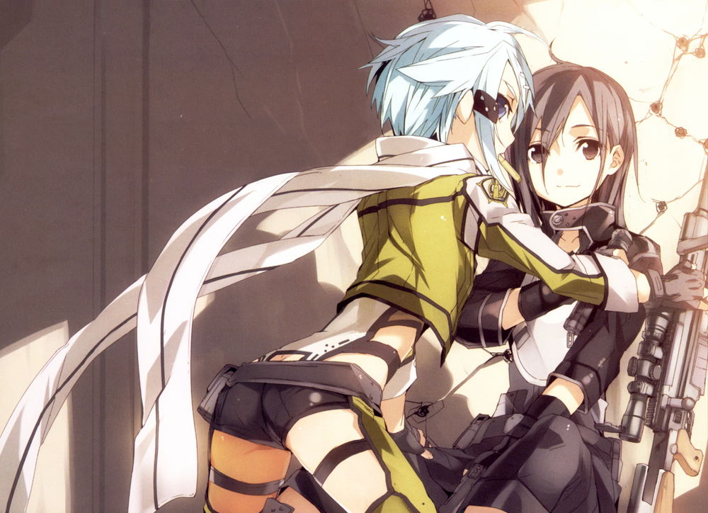 Обои для рабочего стола Asada Shino / Sinon (GGO)/Асада Шино / Синон и Kirigaya Kazuto / Kirito / Киригая Казуто / Кирито из аниме Sword Art Online / Мастера Меча Онлайн