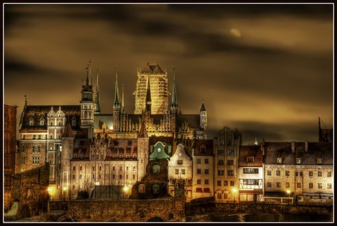 Обои на рабочий стол Ночной город Гданськ, Польша / Gdansk, Poland