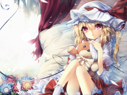 Обои на рабочий стол Flandre Scarlet / Фландр Скарлет из серии компьютерных игр Touhou Project / Проект Восток с игрушечным медведем