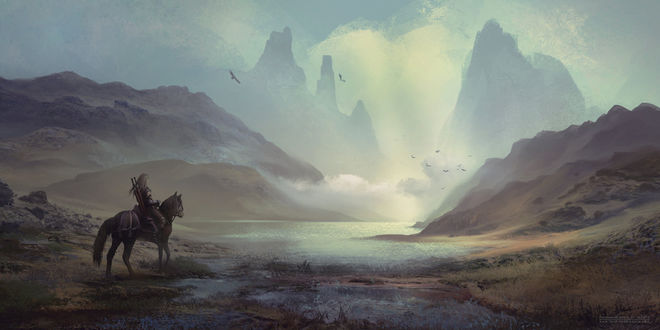 Обои на рабочий стол Воин верхом на лошади на берегу реки, арт by FerdinandLadera