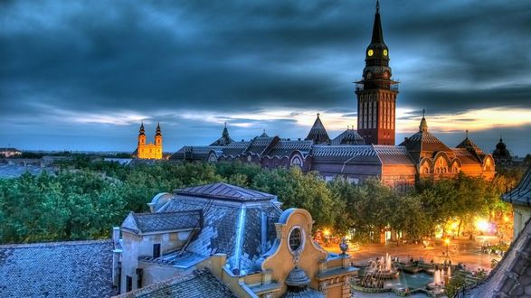 Обои на рабочий стол Ночная площадь с собором Балканы, Сербия / Balkans, Serbia