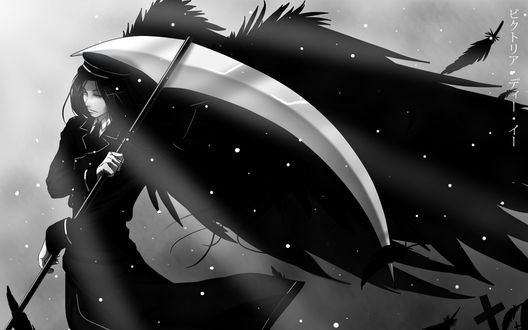 Обои на рабочий стол Sebastian Michaelis / Себастьян Михаэлис из аниме Kuroshitsuji / Темный дворецкий с косой и крыльями ангела