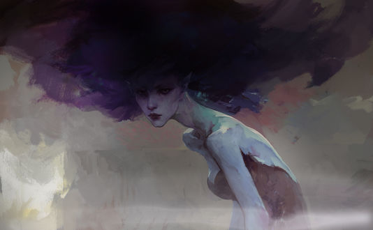 Обои на рабочий стол Девушка с необычными волосами, art by hoooook
