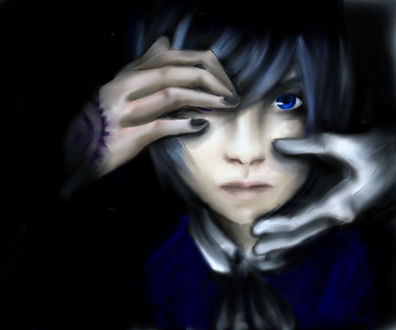 Обои на рабочий стол Ciel Phantomhive и Sebastian Michaelis / Сиэль Фантомхайв и Себастьян Михаэлис из аниме Темный дворецкий / Dark Butler / Kuro Shitsuji
