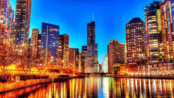 Обои на рабочий стол Ночной город Чикаго, Иллинойс, США / Chicago, Illinois, USA