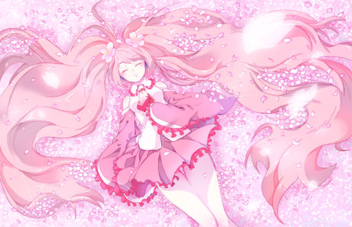 Обои на рабочий стол Vokaloid Sakura Miku / Вокалоид Сакура Мику лежит на лепестках сакуры, закрыв глаза
