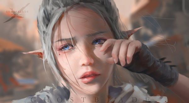 Обои на рабочий стол Плачущая девушка-эльф (GHOST BLADE / Призрачное лезвие), art by wlop