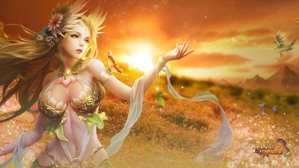 Обои на рабочий стол Девушка на фоне заката из игры League of Angels