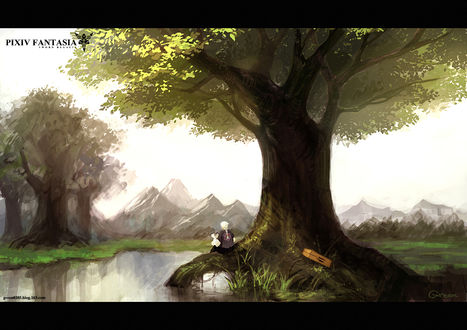 Обои на рабочий стол Парень сидящий под деревом у воды (Pixiv Fantasia Sword regalta)