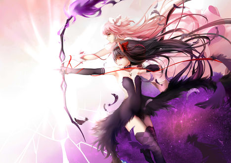 Обои на рабочий стол Мадока Канамэ / Madoka Kaname и Хомура Акэми / Homura Akemi из аниме Девочка-волшебница Мадока / Mahou Shoujo Madoka Magika