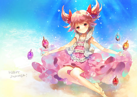Обои на рабочий стол Мадока Канамэ / Madoka Kaname и Хомура Акэми / Homura Akemi из аниме Девочка-волшебница Мадока / Mahou Shoujo Madoka Magika (Happy summer! / Счастливое лето!)