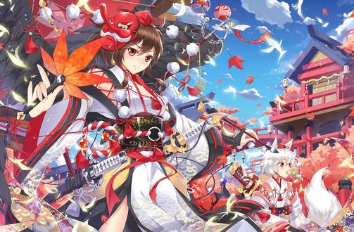 Обои на рабочий стол Shameimaru Aya / Ая Шамеймару и Inubashiri Momiji / Момидзи Инубасири в национальных костюмах и с катанами проходят мимо храма, из серии компьютерных игр Touhou Project / «Проект «Восток»», art by pc9527