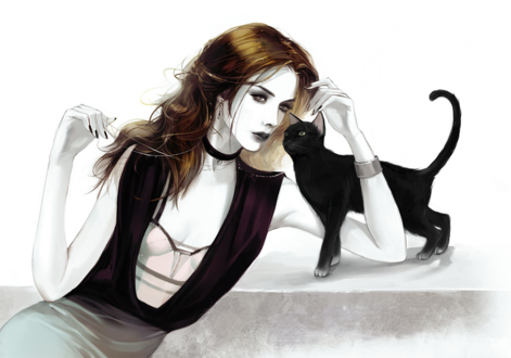 Обои на рабочий стол Девушка и кошка, art by Heleness