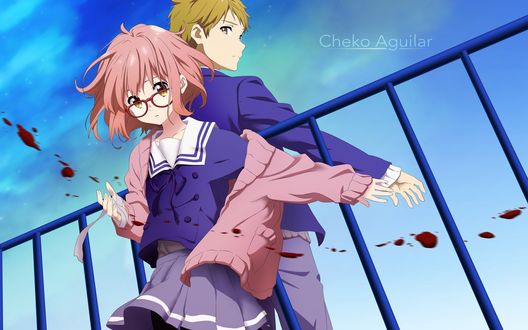 Обои на рабочий стол Mirai Kuriyama / Мирай Курияма и Akihito Kanbara / Акихито Канбара из аниме Kyoukai no Kanata / За гранью стоят на крыше спиной друг к другу (Cheko Aguilar)