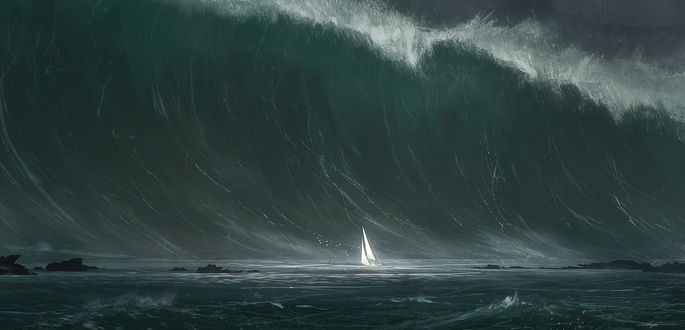 Обои на рабочий стол Парусник под огромной волной, by Grivetart