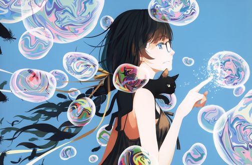 Обои на рабочий стол Tsubasa Hanekawa / Цубаса Ханэкава из аниме Bakemonogatari / Истории монстров лопает мыльный пузырь, на ее плече лежит черная кошка
