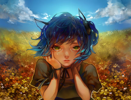 Обои на рабочий стол Вокалоид Рене Ями / Vocaloid Ryone Yami, персонаж игры UTAU, на фоне цветов и облачного неба, арт by terrie923