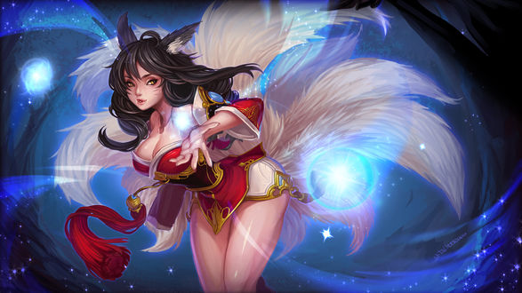 Обои на рабочий стол Ари / Ahri персонаж из игры Лига Легенд / League of Legends, art by kaka cheung