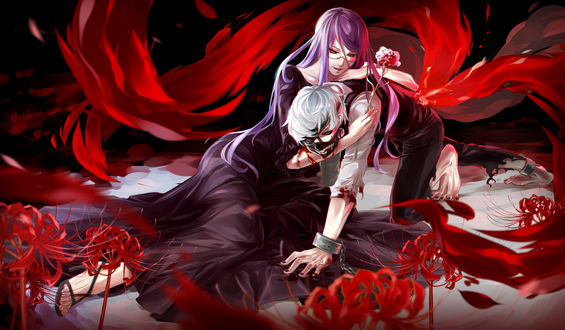 Обои на рабочий стол Rize Kamishiro / Ризэ Камиширо и Ken Kaneki / Кэн Канэки из аниме Tokyo Ghoul / Токийский Гуль, art by Nye