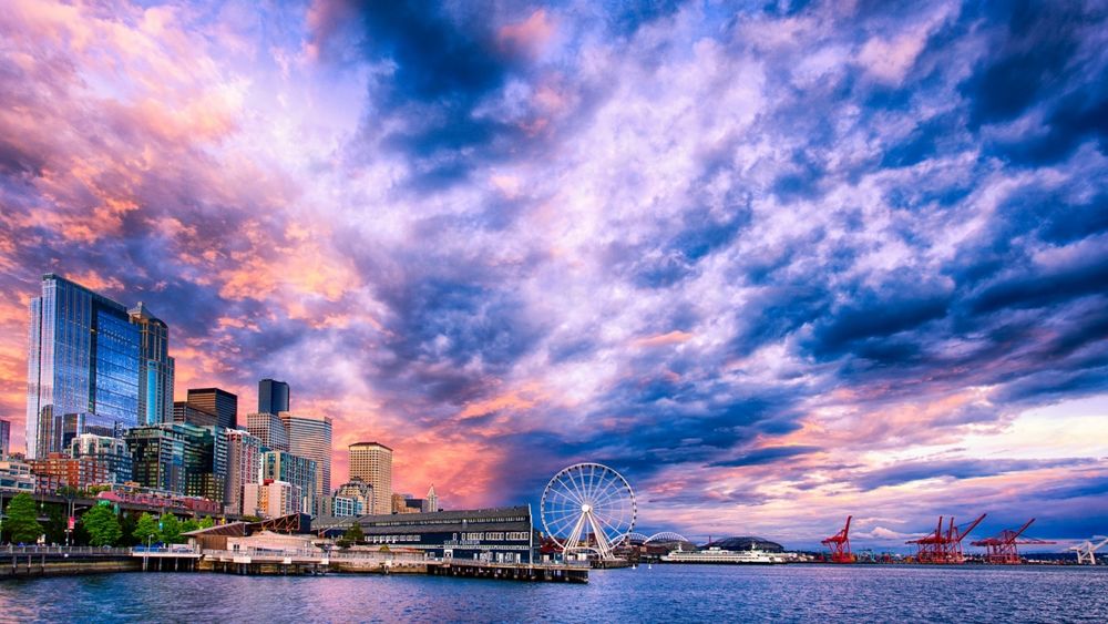Обои для рабочего стола Разноцветное небо над Сиэтлом, США / Seattle, USA
