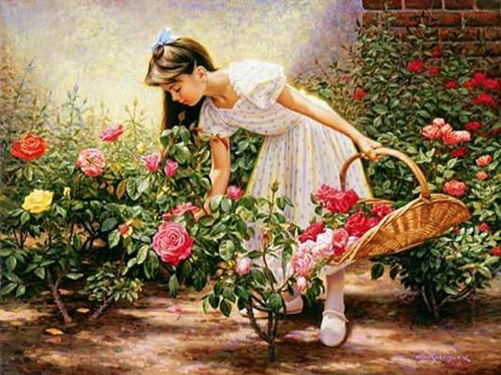 Обои для рабочего стола Девочка в белом платье, срезает розы в розарии, art Alfredo Rodriguez