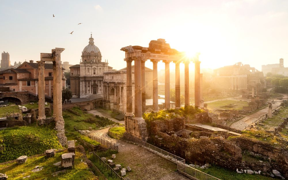 Обои для рабочего стола Рассвет в Храме Сатурна, Италия, Рим / Templum Saturni, Italy, Rome