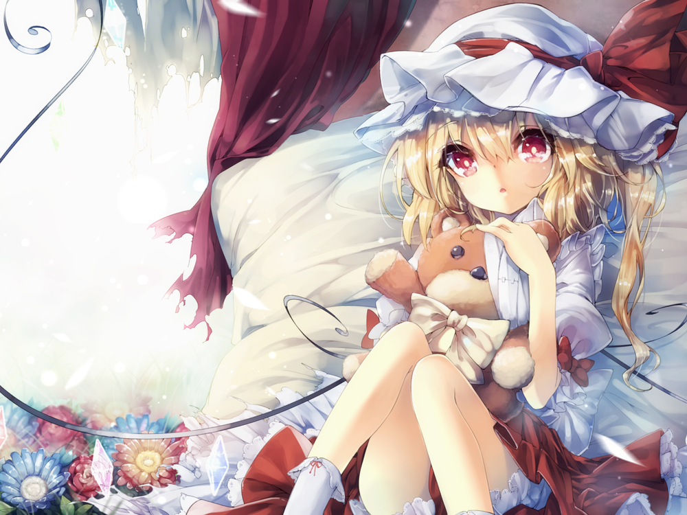 Обои для рабочего стола Flandre Scarlet / Фландр Скарлет из серии компьютерных игр Touhou Project / Проект Восток с игрушечным медведем