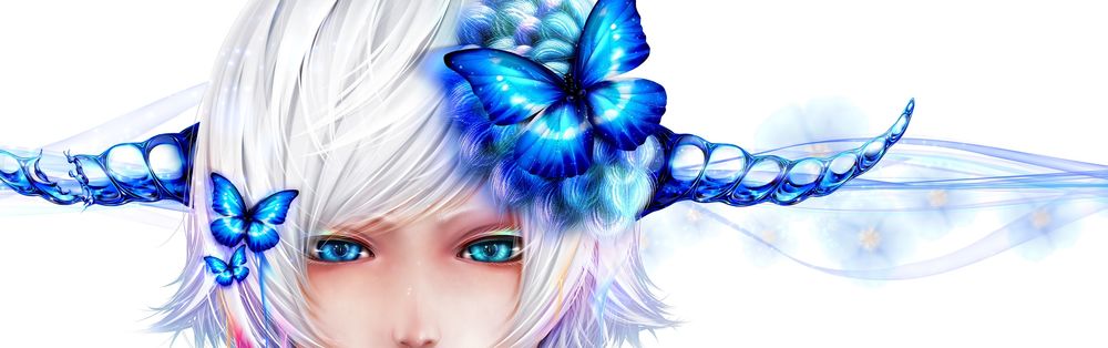 Обои для рабочего стола Коротковолосая девушка с рожками на голове на которой красуются синие бабочки, автор Bouno Satoshi