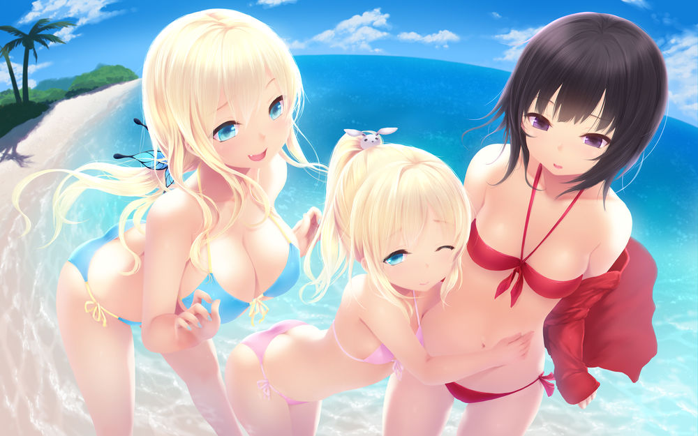 Обои для рабочего стола Sena Kashiwazaki / Сэна Касивадзаки, Kobato Hasegawa / Кобато Хасэгава и Yozora Mikazuki / Ёдзора Микадзуки на пляже в купальниках, из аниме Boku wa Tomodachi ga Sukunai / У меня мало друзей, art by Cait